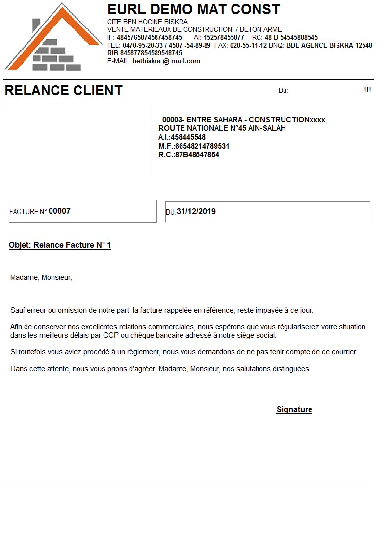 Modèle Relance Client