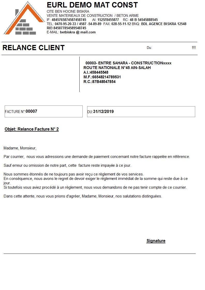 Modèle Relance Client