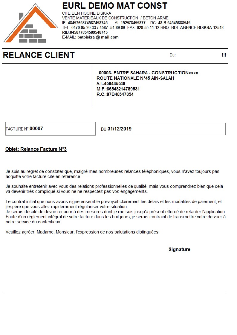 Modèle Relance Client