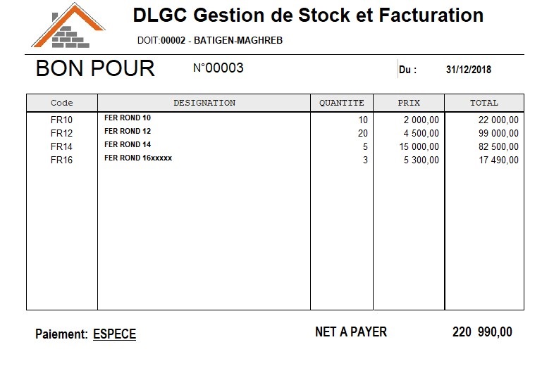 Modèle Bon de vente