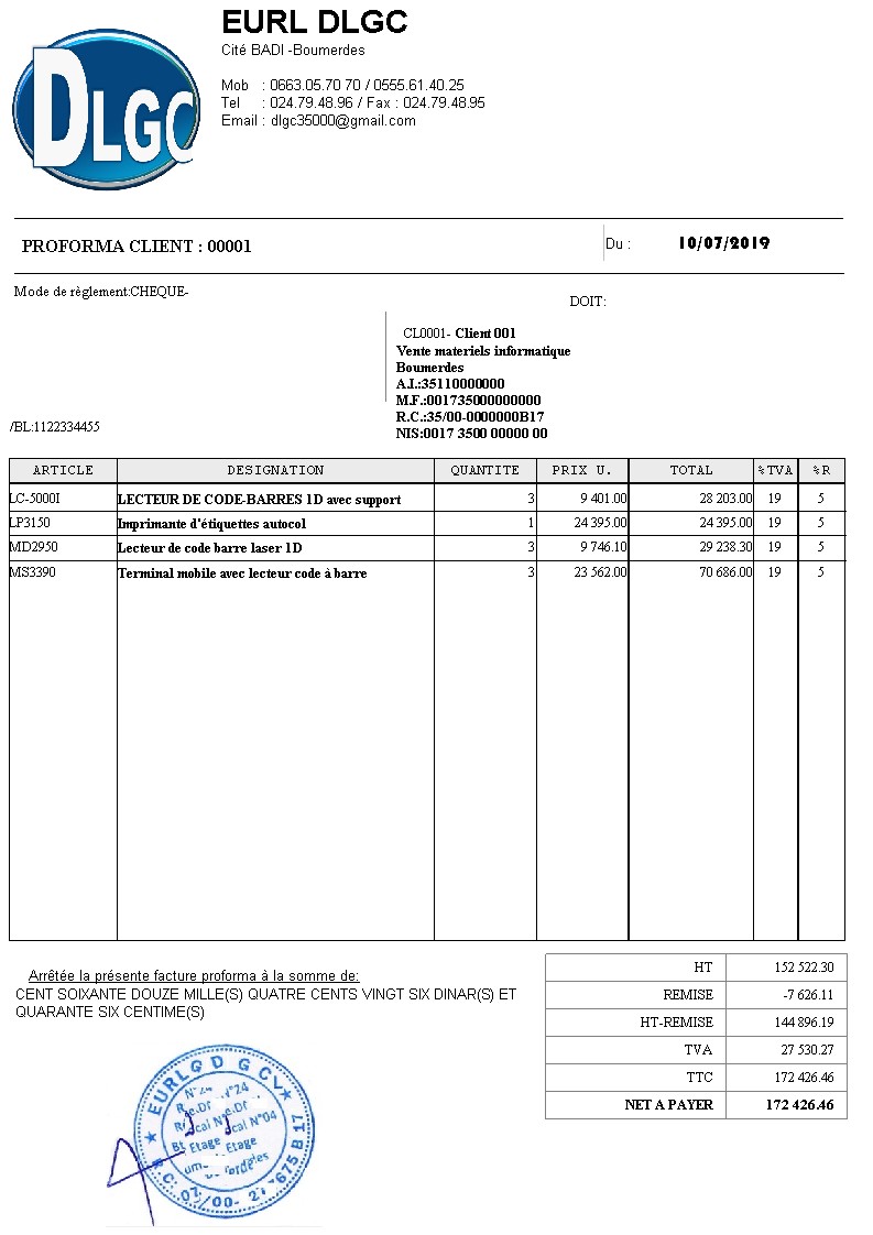 Modèle Proforma avec un Cachet